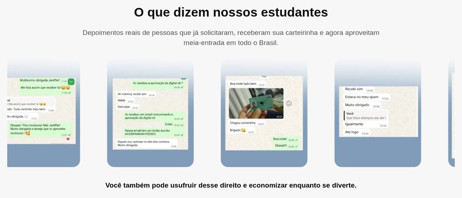 Prints de conversas de estudantes confirmando o recebimento da carteirinha física e da aprovação da versão digital