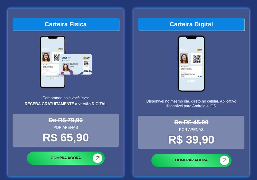 Comparativo de preços: carteirinha física por R$ 65,90 com digital inclusa e carteirinha somente digital por R$ 39,90