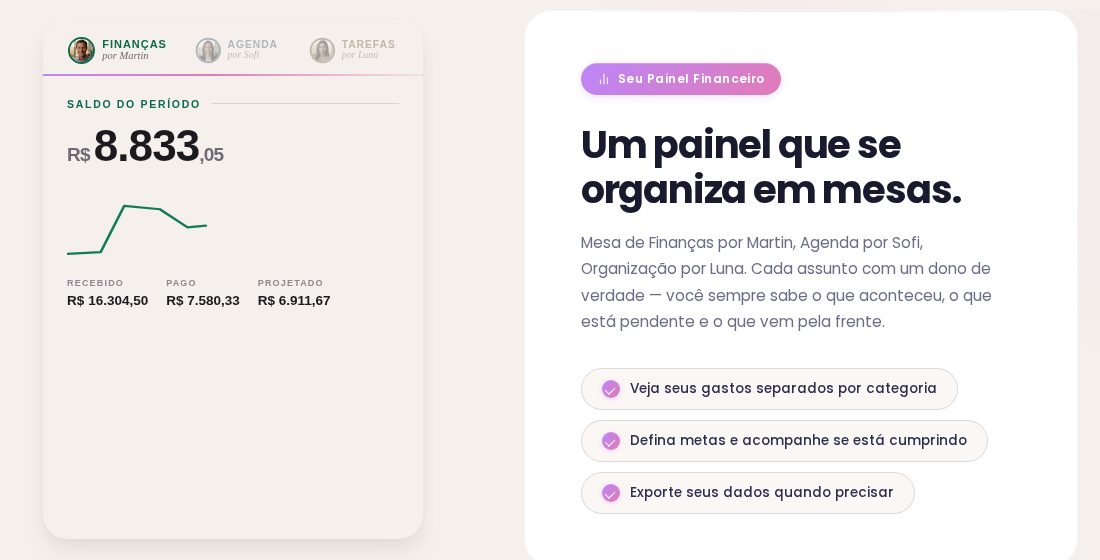 Painel financeiro do Meu Assessor com saldo, recebido, pago e projetado