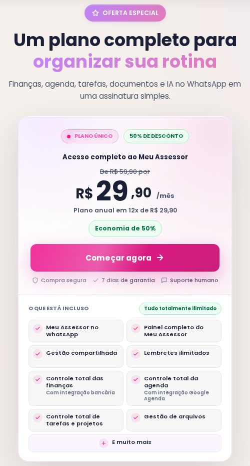 Preço do Meu Assessor: plano único por R$ 29,90 por mês com 50% de desconto