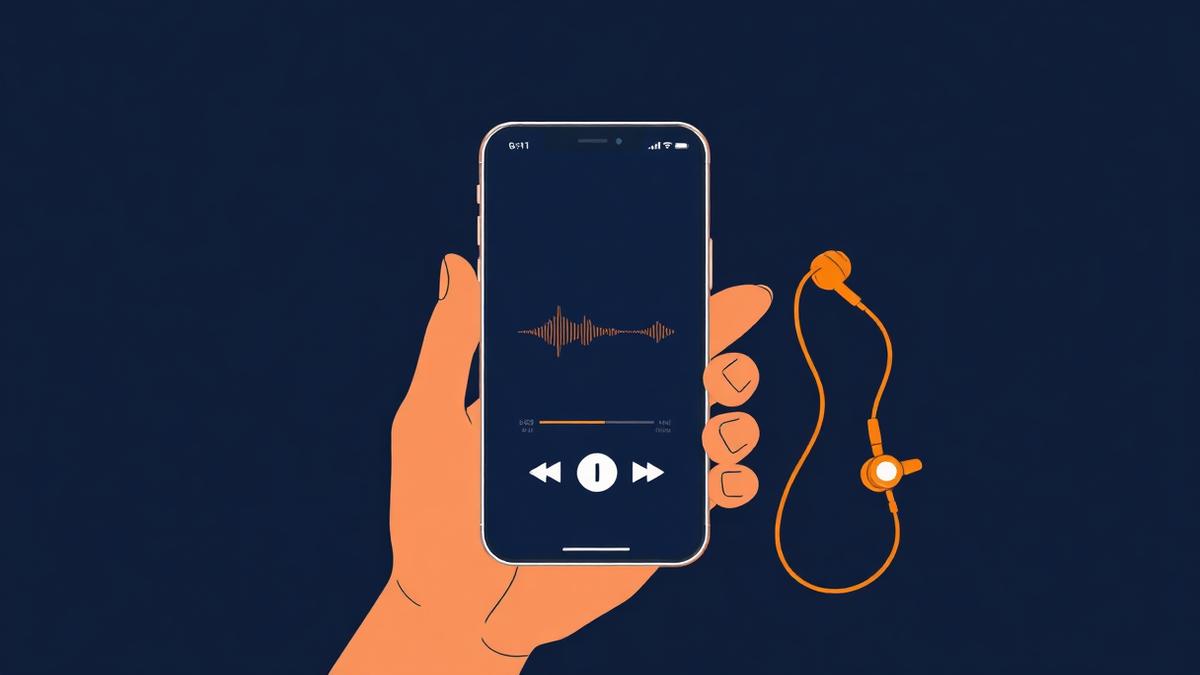 Ilustração de celular com aplicativo de áudio aberto, forma de onda e fone de ouvido ao lado