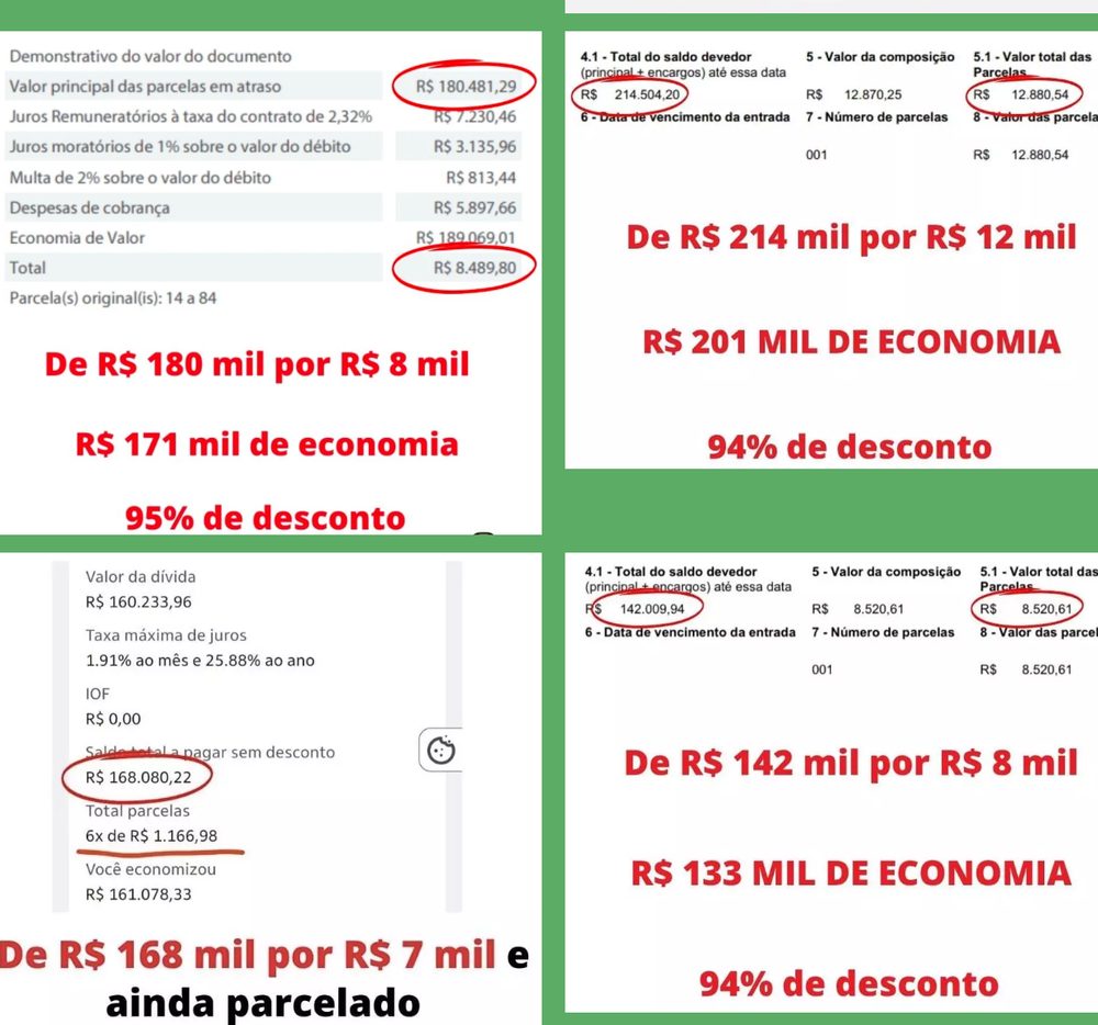 Prints de acordos de dívidas fechados por alunos do Viva Sempre com Dinheiro com descontos entre 94% e 96%