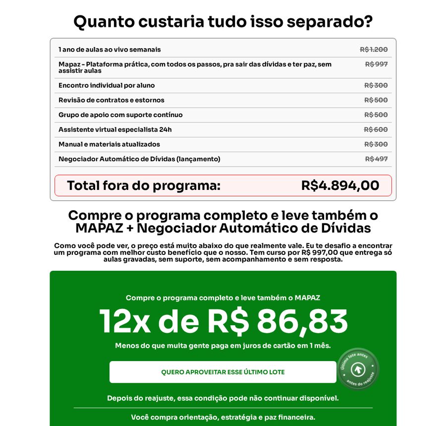 Tabela oficial do Viva Sempre com Dinheiro com o valor avulso de cada item e o preço final de 12x de R$ 86,83